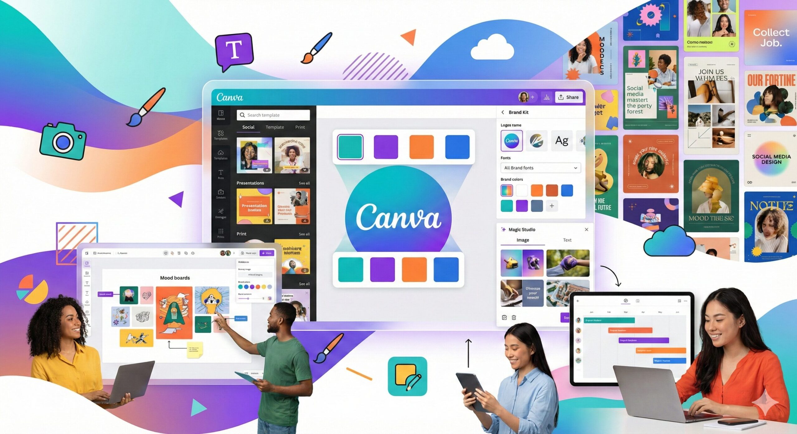 Canvaの画面イメージと多様なデザイン作成シーンを表したビジュアル