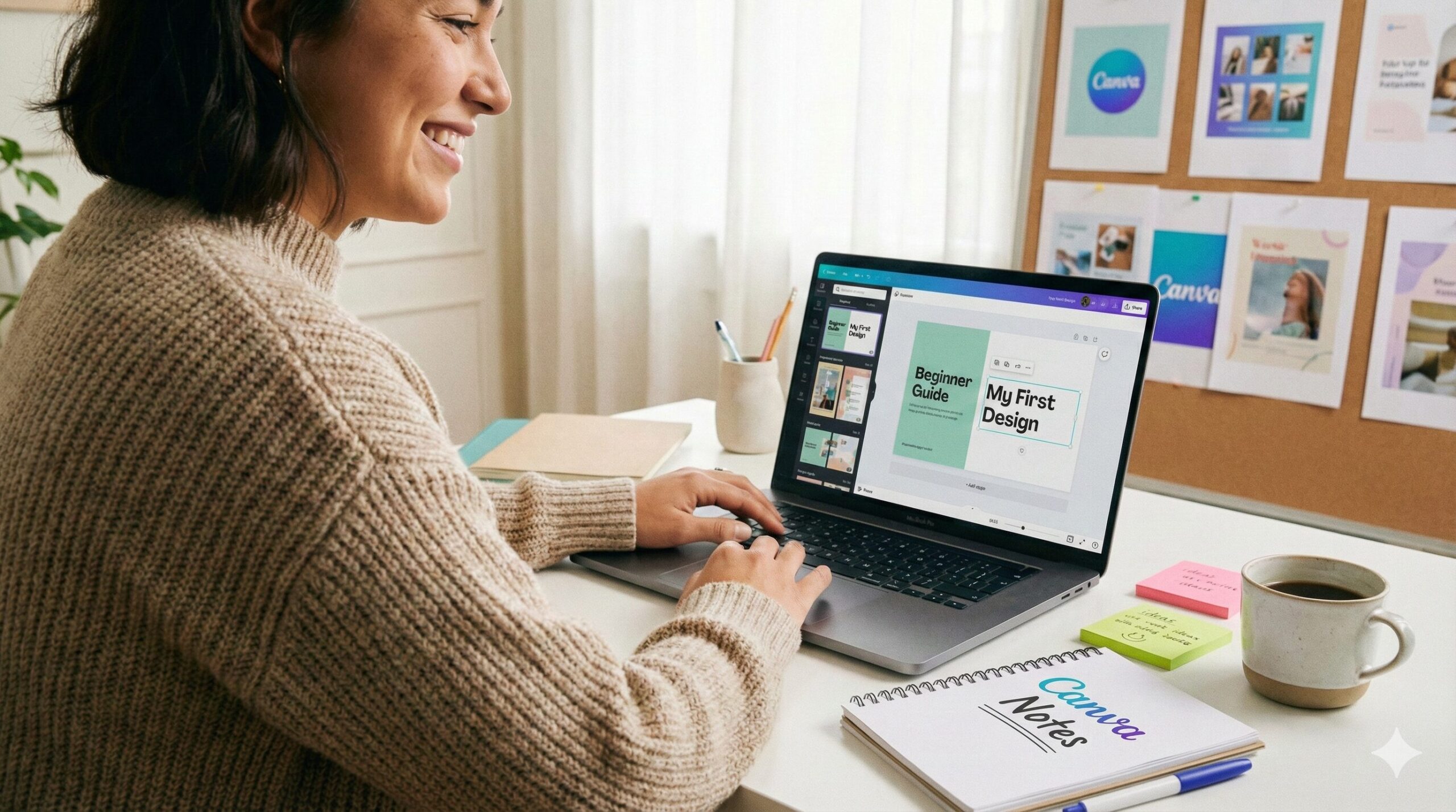 Canva初心者がパソコンでデザイン画面を見ながら悩んでいる様子