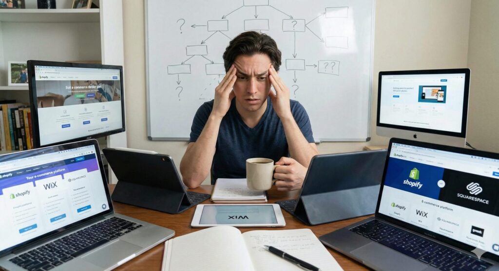 BASE・STORES・ShopifyなどECサイト選びに悩んでいる個人事業主のイメージ画像