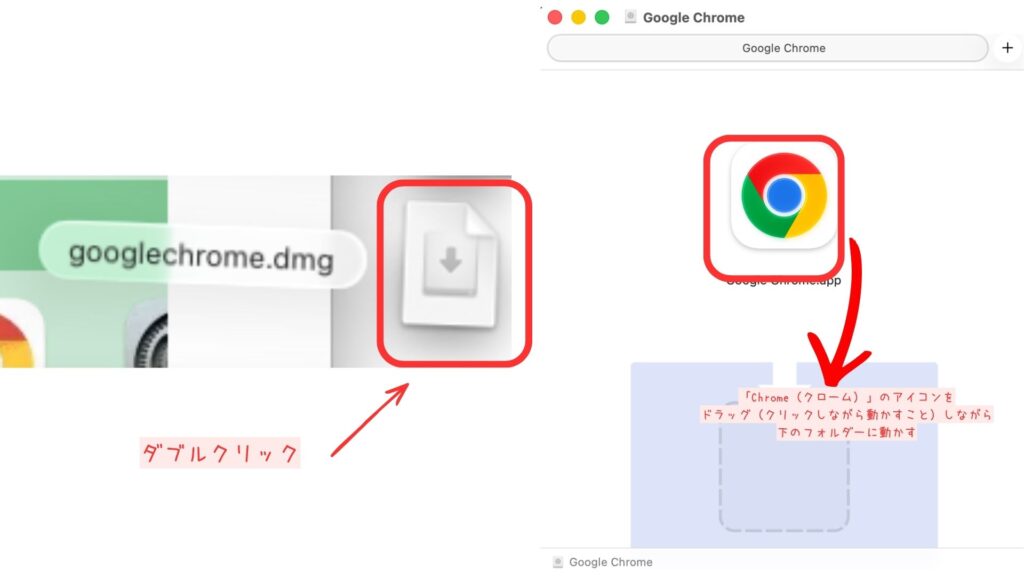 MacでChromeアプリをApplicationsフォルダへ移動する画面。Chromeのインストール手順を図解している。