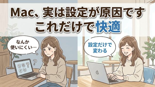 Macが使いにくいと悩む初心者が、初期設定によって快適に使えるようになる様子を表したブログのアイキャッチ画像