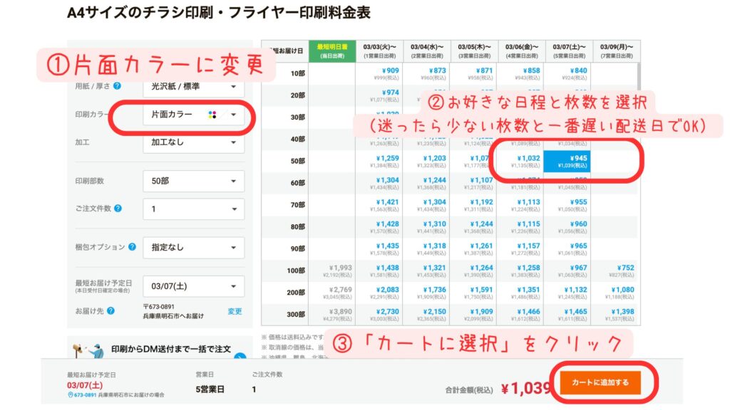 印刷仕様・料金・枚数を設定する注文画面で、印刷カラーを「片面カラー」に設定している
