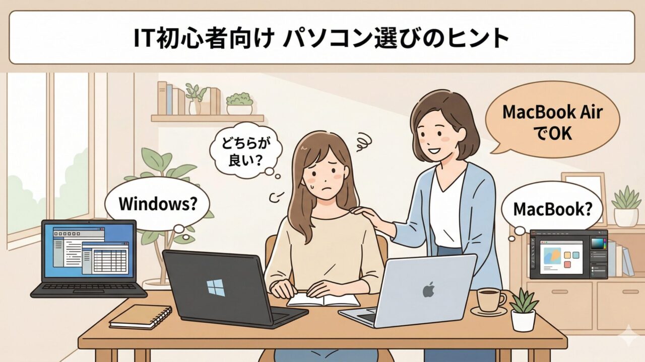 個人事業主の女性がWindowsとMacBookで迷い、MacBook AirでOKと提案されるパソコン選びのイラスト