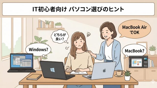 個人事業主の女性がWindowsとMacBookで迷い、MacBook AirでOKと提案されるパソコン選びのイラスト