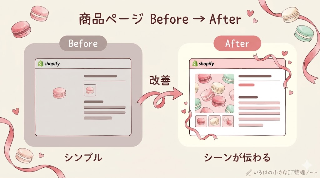 商品ページ改善のBefore/After比較図。Beforeはマカロン1枚と短い説明だけのシンプルなShopify商品ページ、Afterはマカロン複数枚・リボン装飾・詳細説明が並ぶ商品ページ。「シンプル」から「シーンが伝わる」への改善ポイントを水彩タッチで表現。