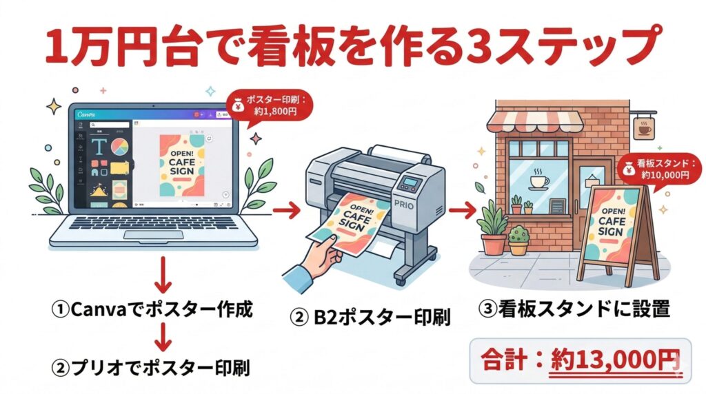 Canvaでポスター作成→プリオでB2ポスター印刷→看板スタンド設置の3ステップで約1.3万円で看板を作る方法の図解