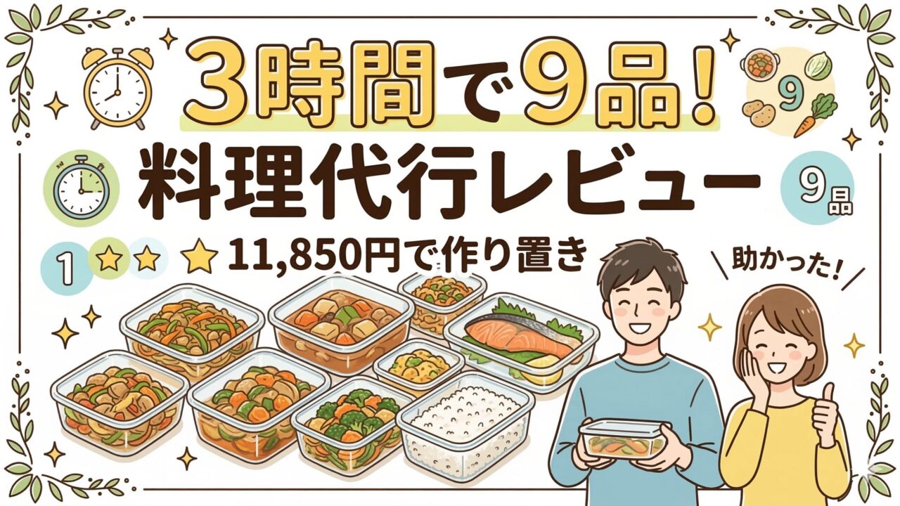 CaSy料理代行レビューのサムネイル画像。3時間で9品の作り置き料理が完成し、料金11,850円の体験レビューを紹介するブログ記事のアイキャッチ。