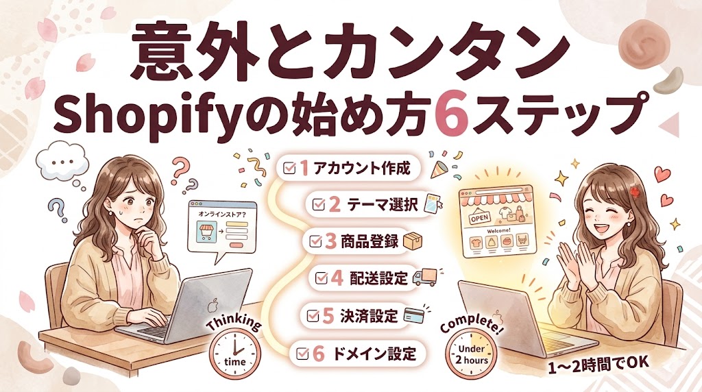 Shopifyの始め方6ステップを解説したサムネイル画像。初心者でも1〜2時間でネットショップを開設できる流れをイラストで表現。