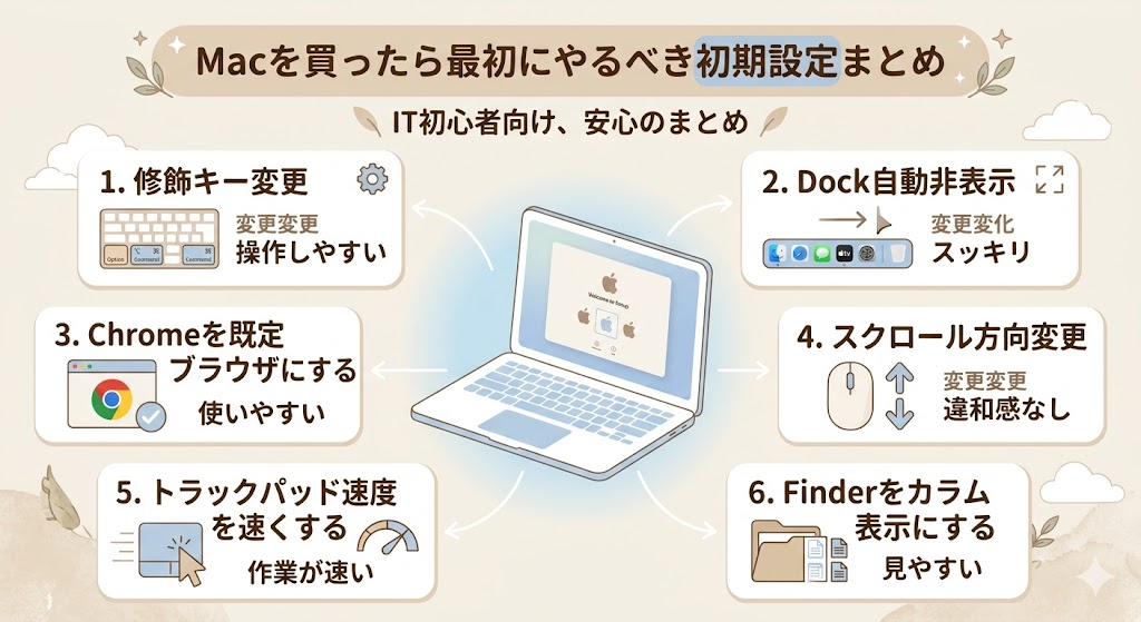 Macの初期設定6つをまとめたインフォグラフィック。初心者向けに使いやすくするポイントを整理した図。