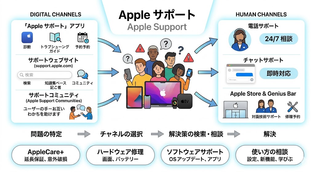 Appleサポートの問い合わせ方法とサポート内容を解説した図