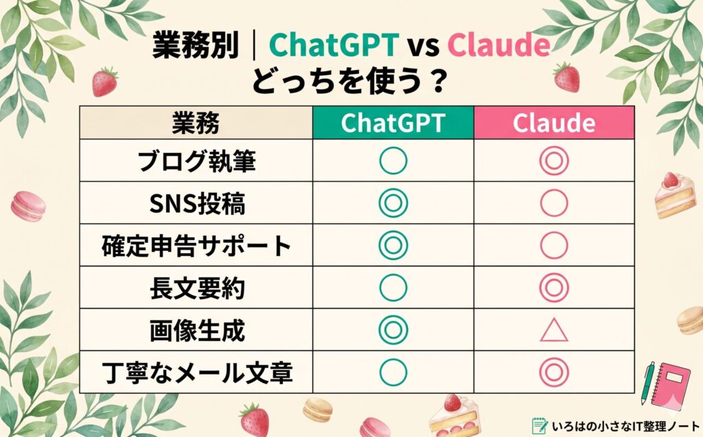 業務別ChatGPT vs Claude比較表。ブログ執筆・SNS投稿・確定申告・長文要約・画像生成・メール作成の6項目でどちらのAIが得意かを◎◯△で評価した図解インフォグラフィック