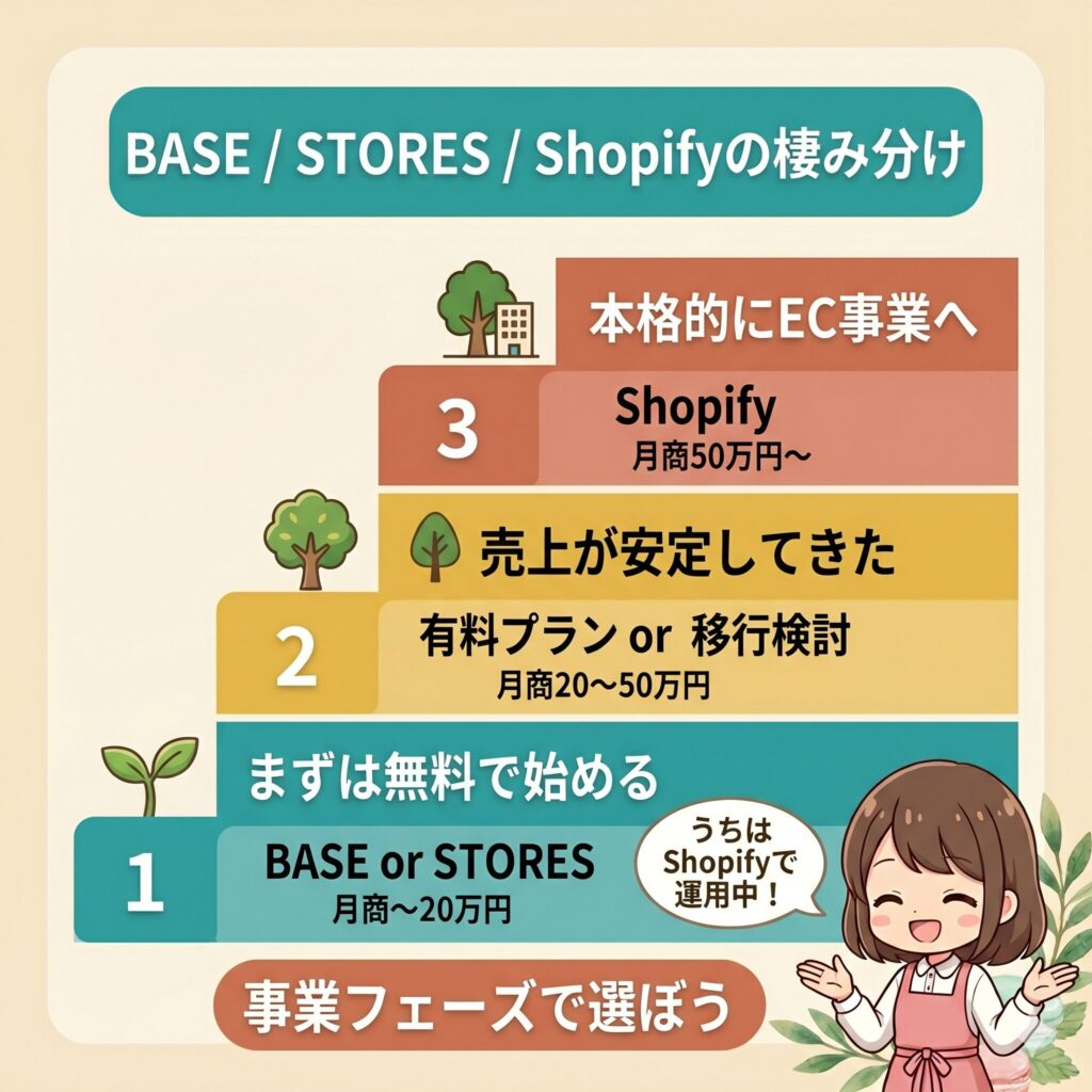 BASE・STORES・Shopifyの3サービスが適した事業フェーズを示す棲み分け図解。月商20万円以下はBASE/STORES、20〜50万円は有料プラン・移行検討、50万円以上はShopifyでの本格EC運営がおすすめ。