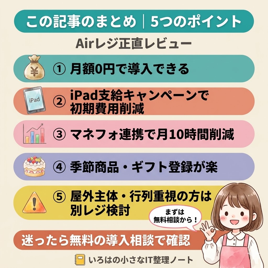 Airレジ正直レビューのまとめ5ポイント。①月額0円で導入②iPad支給キャンペーンで初期費用削減③マネーフォワード連携で月約10〜20時間削減④季節商品・ギフト登録が楽⑤屋外主体・行列重視の方は別レジ検討。お菓子屋4年目の実体験まとめ。