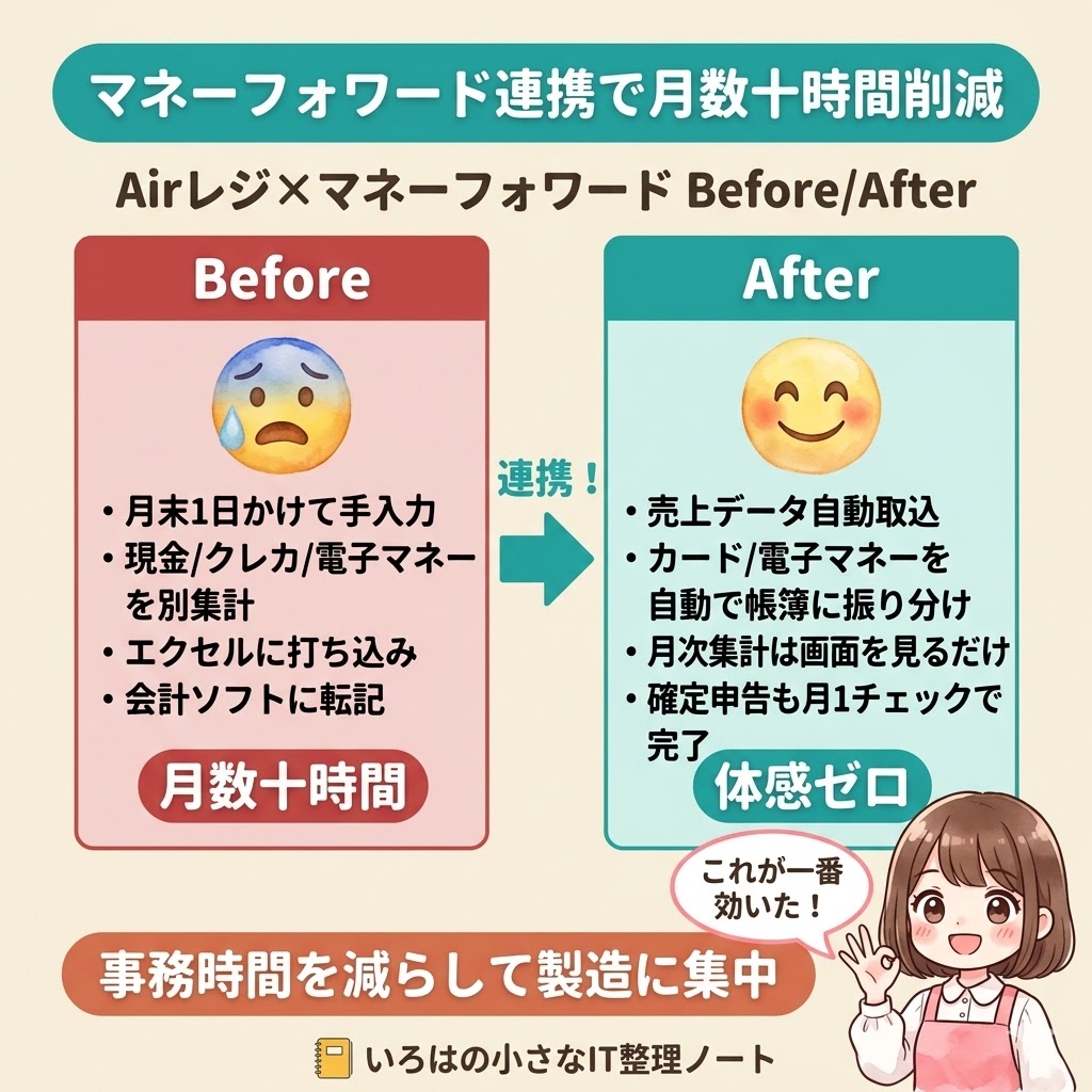 Airレジ×マネーフォワードクラウド連携のBefore/After比較図解。連携前は月末1日かけて手入力作業（売上集計・転記）、連携後は売上データ自動取込で体感ゼロに。月約10〜20時間の事務作業がほぼ不要になった実体験。