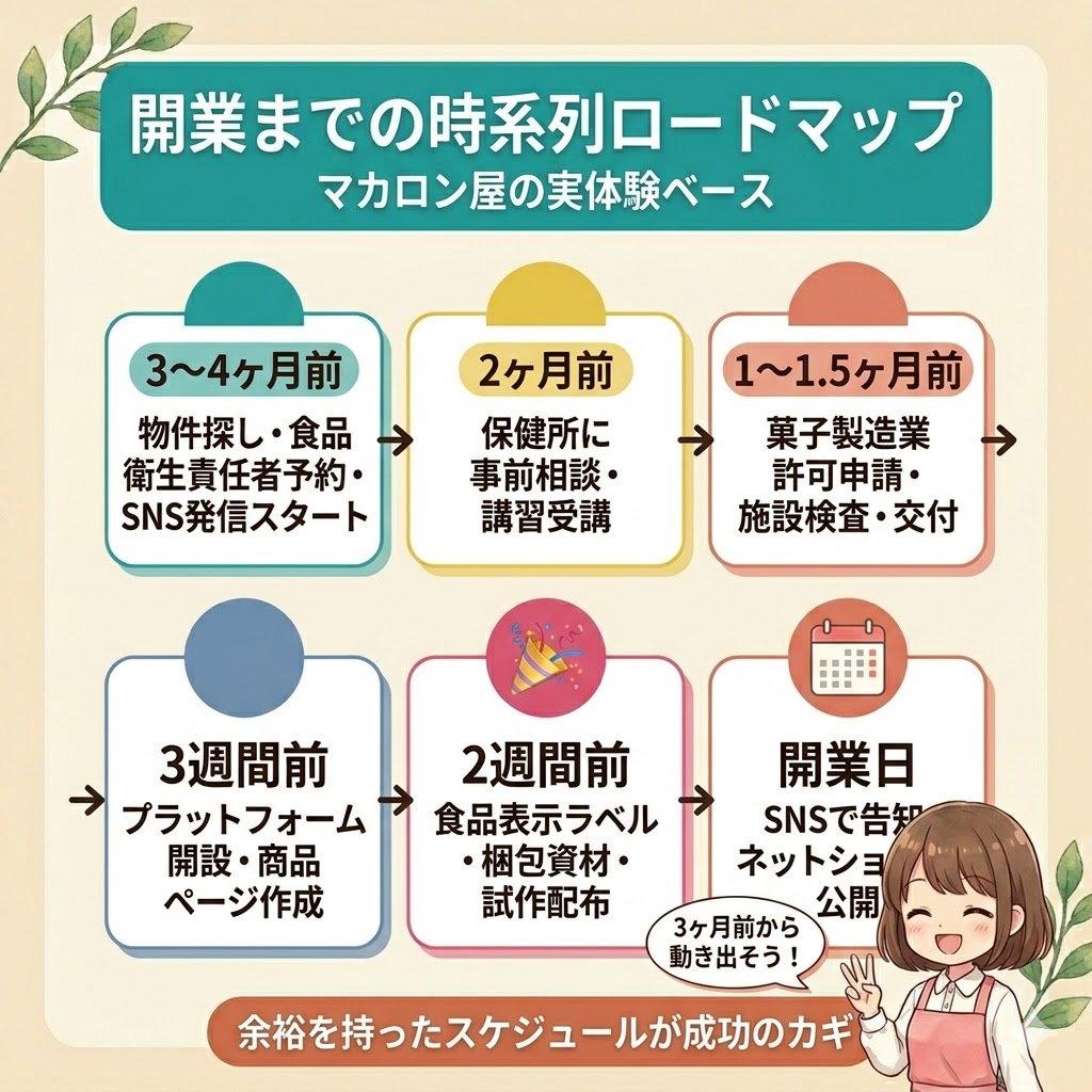お菓子ネット販売の開業までの時系列ロードマップ図解。3〜4ヶ月前（物件探し・SNS）→2ヶ月前（保健所相談・講習）→1〜1.5ヶ月前（許可申請・交付）→3週間前（ショップ開設）→2週間前（ラベル・梱包）→開業日（告知・公開）の流れ。マカロン屋の実体験ベース。
