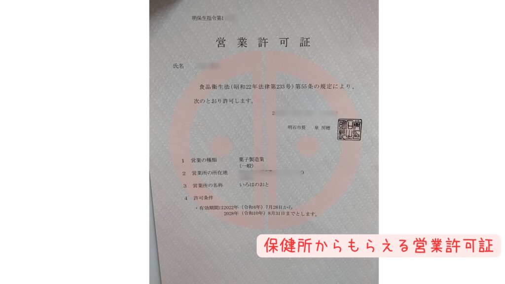 明石保健所が発行した菓子製造業営業許可証の実物。菓子製造業許可の取得証明。
