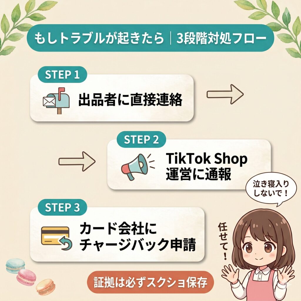 TikTok Shopでトラブルが起きた時の3段階対処フロー図解。出品者連絡→運営通報→カード会社チャージバック