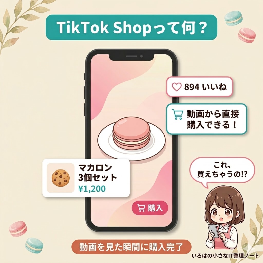 TikTok Shopでマカロンの商品タグ付き動画が表示されたスマートフォンのイメージ図。動画画面に商品名・価格・購入ボタンが重なって表示され、動画を見た瞬間に購入できる仕組みをいろはちゃんが驚いて確認している。