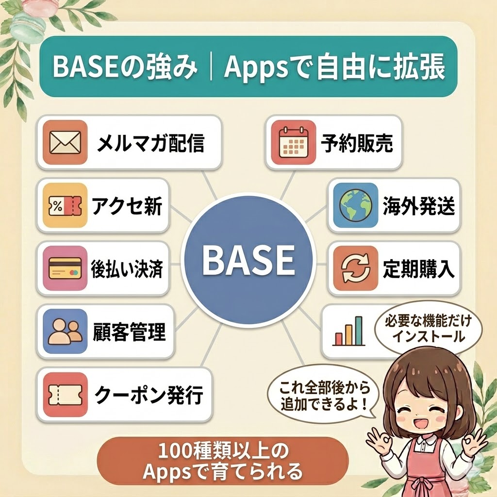 BASEの強み図解。中央のBASEロゴから8つの代表的なAppsアイコン（メルマガ配信・予約販売・海外発送・定期購入・アクセス解析・クーポン発行・顧客管理・後払い決済）が放射状に配置され、必要な機能だけインストールして拡張できるという特徴を視覚化。