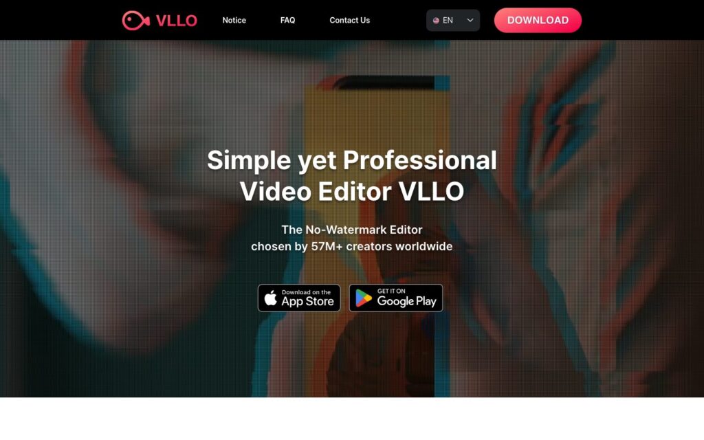 VLLO（ブロ）公式サイトのトップ画面。黒背景にブランドロゴとビデオエディターの紹介、App StoreとGoogle Playのダウンロードバッジが配置された、スマホ完結型動画編集アプリのランディングページ
