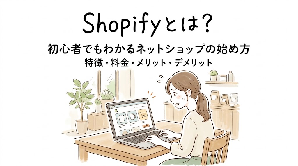 Shopifyとは何かを初心者向けに解説するブログのアイキャッチ画像。ネットショップ作成のイメージと始め方をやさしく表現したイラスト