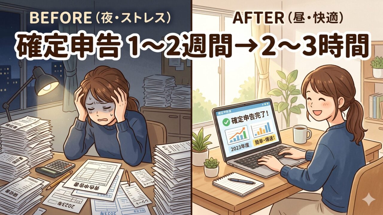 確定申告が1〜2週間から2〜3時間に短縮されたビフォーアフターを示すイラスト。領収書に悩む状態からPCで快適に完了する様子。