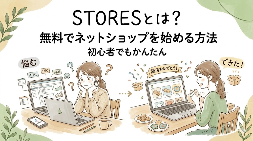 STORESとは何かを初心者向けに解説するブログのアイキャッチ画像。無料でネットショップを始められる様子を表現したイラスト