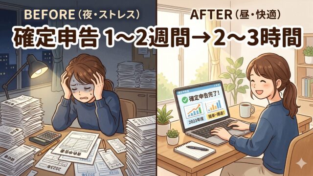 確定申告が1〜2週間から2〜3時間に短縮されたビフォーアフターを示すイラスト。領収書に悩む状態からPCで快適に完了する様子。