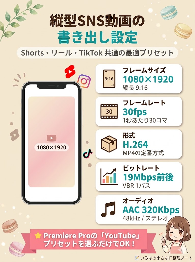 縦型SNS動画の書き出し設定チートシート図解。YouTube Shorts・Instagramリール・TikTok共通の最適プリセットとして、フレームサイズ1080×1920（縦長9:16）、フレームレート30fps、形式H.264（MP4）、ビットレート19Mbps前後（VBR 1パス）、オーディオAAC 320Kbps 48kHzステレオの5項目を、縦型スマホモックアップとカード型レイアウトで可視化。「Premiere ProのYouTubeプリセットを選ぶだけでOK」のメッセージ付き