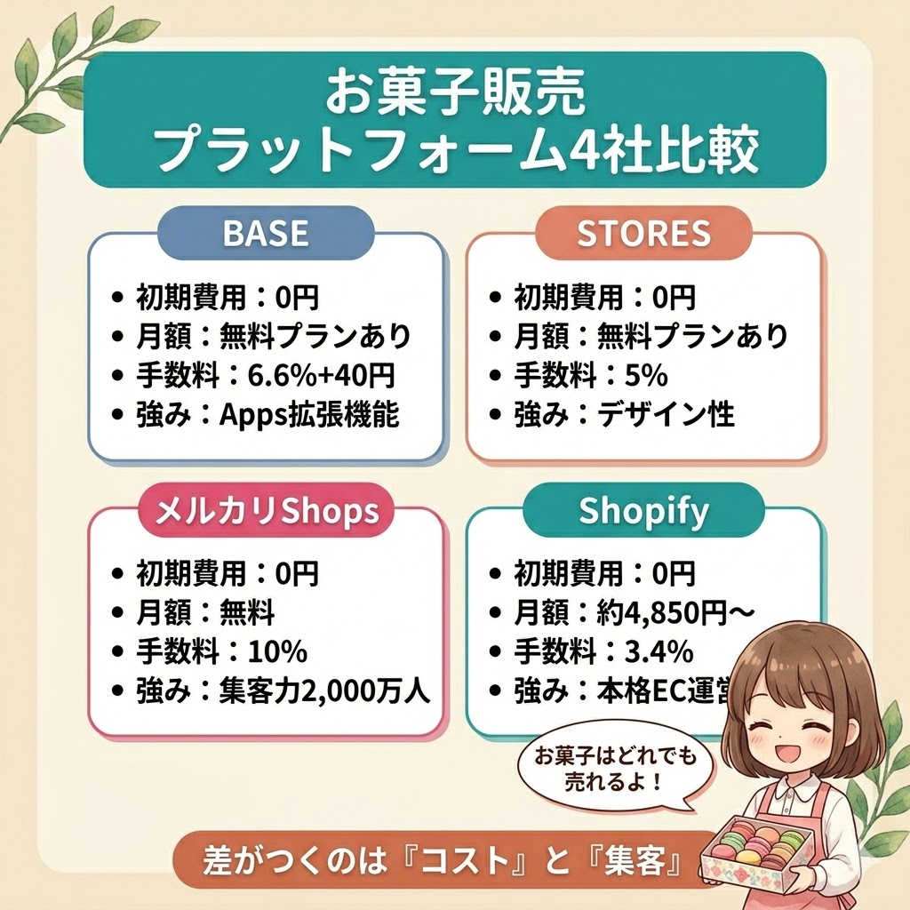 BASE・STORES・メルカリShops・Shopifyの4社比較図解。初期費用はいずれも0円、手数料はShopify3.4%/STORES5%/BASE6.6%+40円/メルカリShops10%。強みはそれぞれApps拡張・デザイン性・集客力2,000万人・本格EC運営。差がつくのはコストと集客。