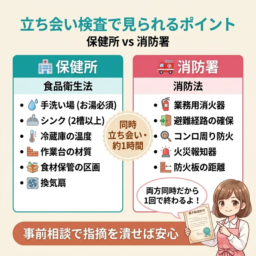 立ち会い検査で保健所と消防署がチェックするポイント対比図解。保健所は食品衛生法に基づき手洗い場・シンク・冷蔵庫・作業台などをチェック、消防署は消防法に基づき消火器・避難経路・コンロ周りなどを同時立ち会い・約1時間で確認。