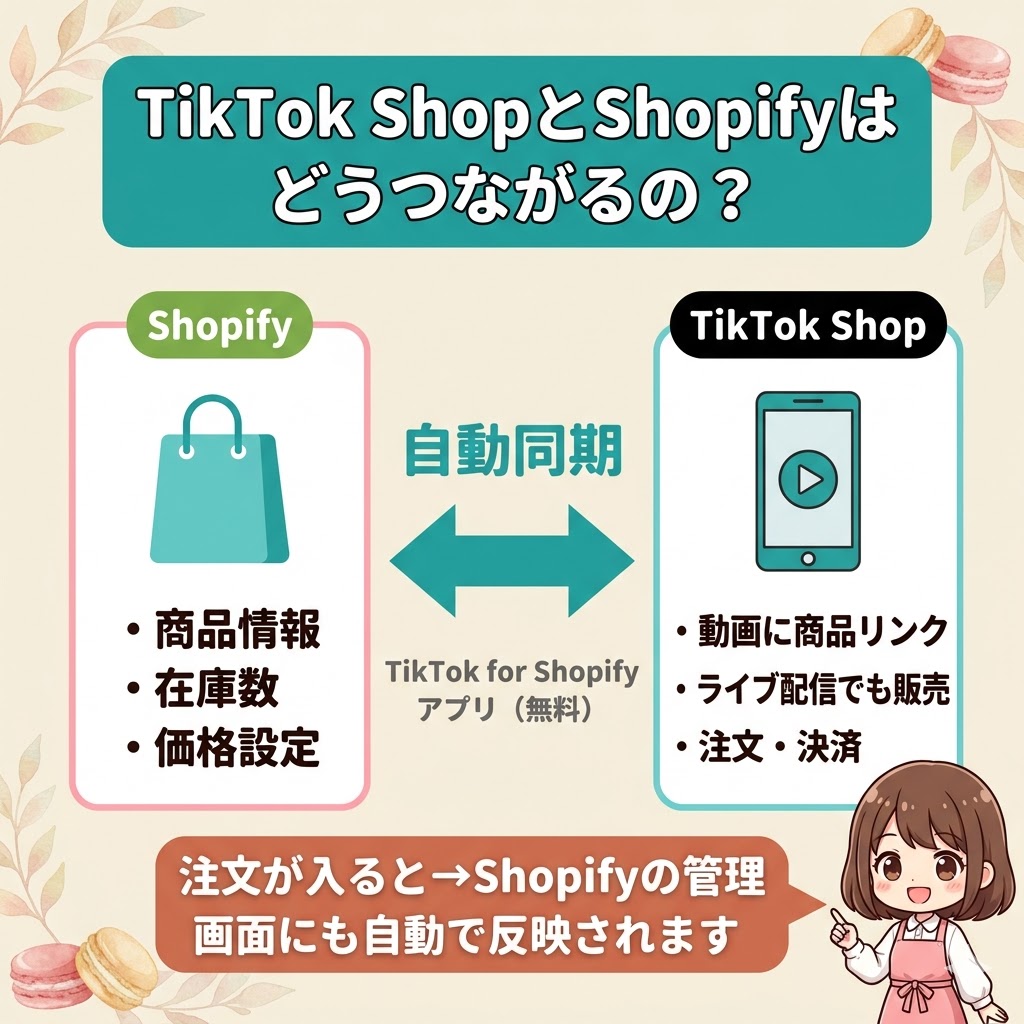 TikTok Shopのセラー登録から販売開始までの5ステップを縦型フローで解説した図解。アカウント作成・申請・審査（3〜7営業日・差し戻し注意）・Shopify連携・商品同期の順番を番号付きで示している。