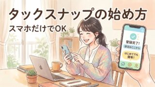 タックスナップの始め方を解説するアイキャッチ画像。スマホだけで簡単に確定申告を始められる様子を表現したイラスト