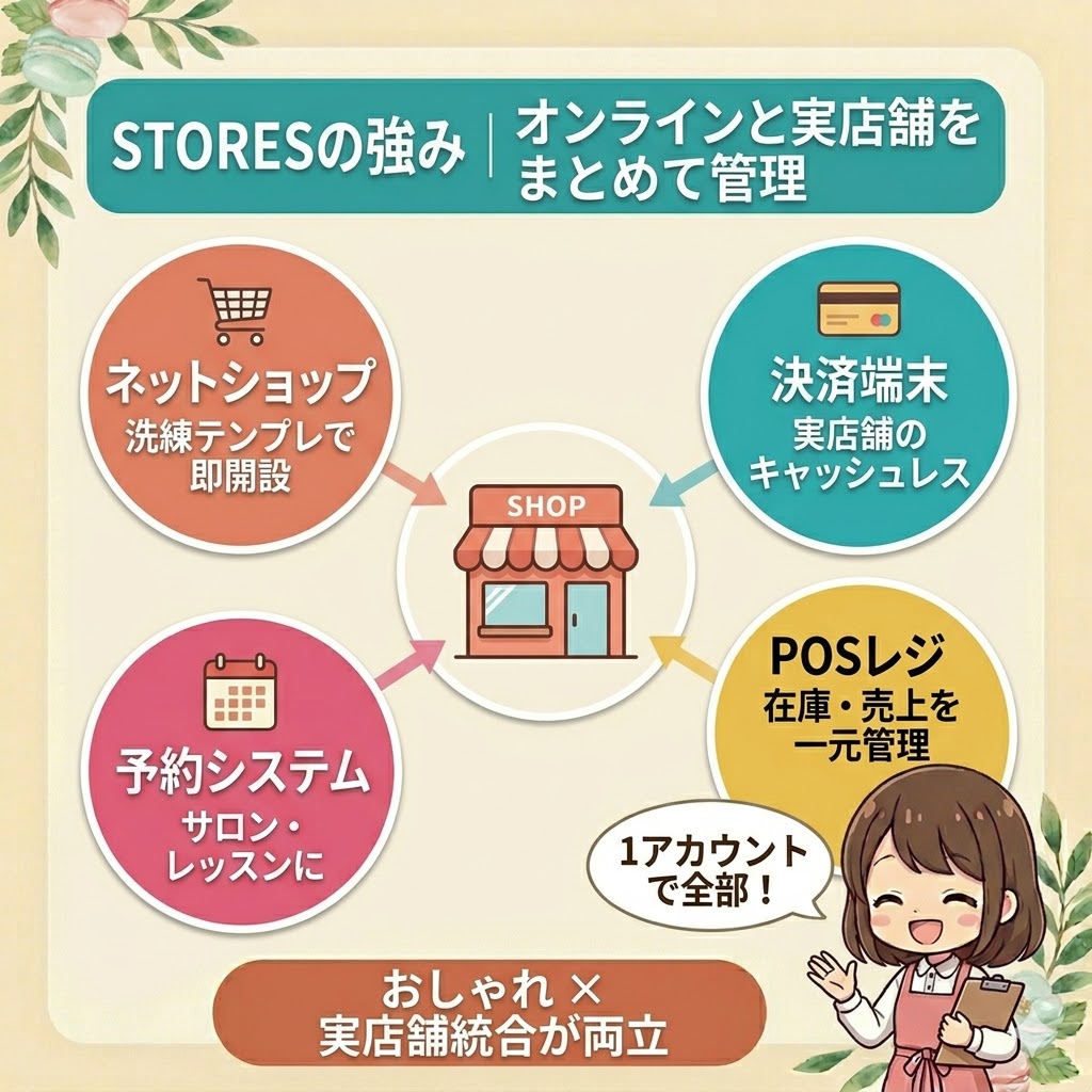 STORESの強み図解。中央の店舗イラストから4つのサービス（ネットショップ・決済端末・予約システム・POSレジ）が放射状に配置され、オンラインと実店舗を1アカウントで統合管理できるハブ型の強みを視覚化。おしゃれなデザインと実店舗連携の両立が伝わる。