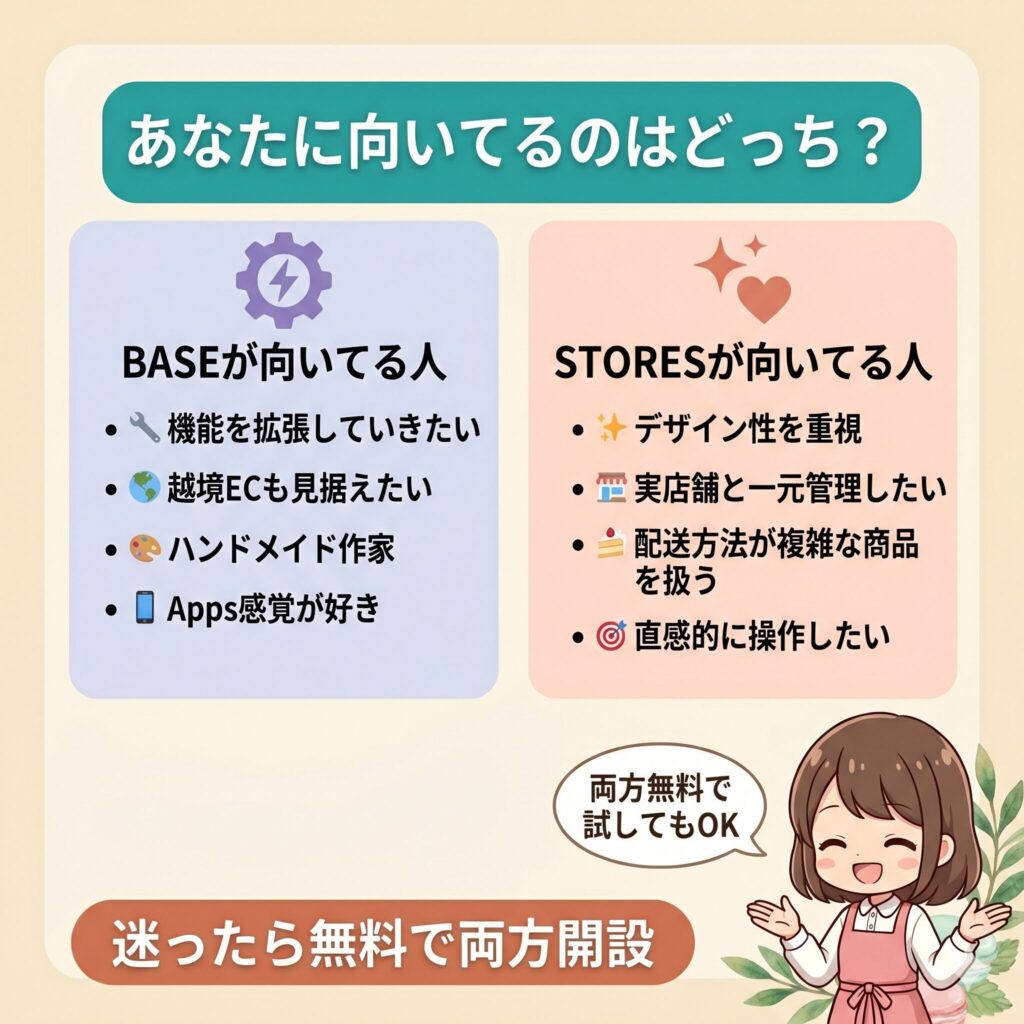 BASEとSTORESそれぞれが向いている人のタイプ別比較図解。BASEは機能拡張・越境EC・ハンドメイド作家向け、STORESはデザイン重視・実店舗一元管理・配送方法複雑・直感操作重視の人向け。