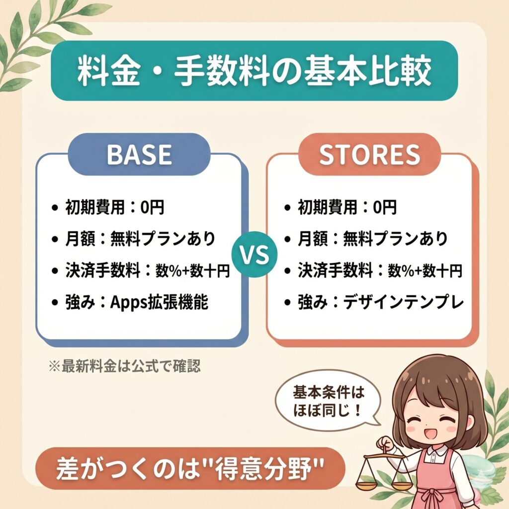 BASEとSTORESの料金・手数料を比較する図解。初期費用0円・月額無料プランあり・決済手数料の基本条件はほぼ同じ。差がつくのは得意分野の違い。