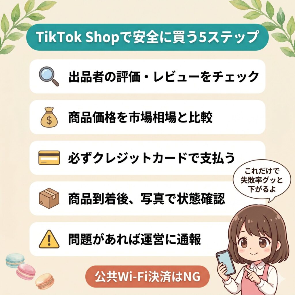 TikTok Shopで安全に買い物するための5ステップのフロー図解