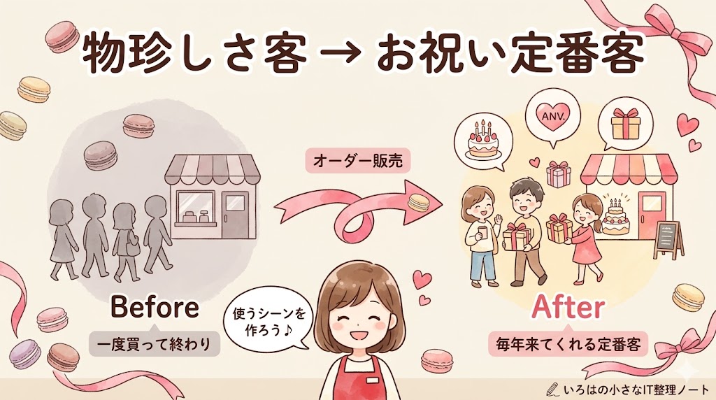 「物珍しさ客」から「お祝い定番客」への転換図解。Before：店から離れていく客のシルエット「一度買って終わり」。中央：ピンクリボンの矢印「オーダー販売」。After：プレゼント・ケーキを抱えて店に戻る笑顔の客と「誕生日・記念日・ギフト」アイコン「毎年来てくれる定番客」。いろはさんが「使うシーンを作ろう♪」と微笑む。