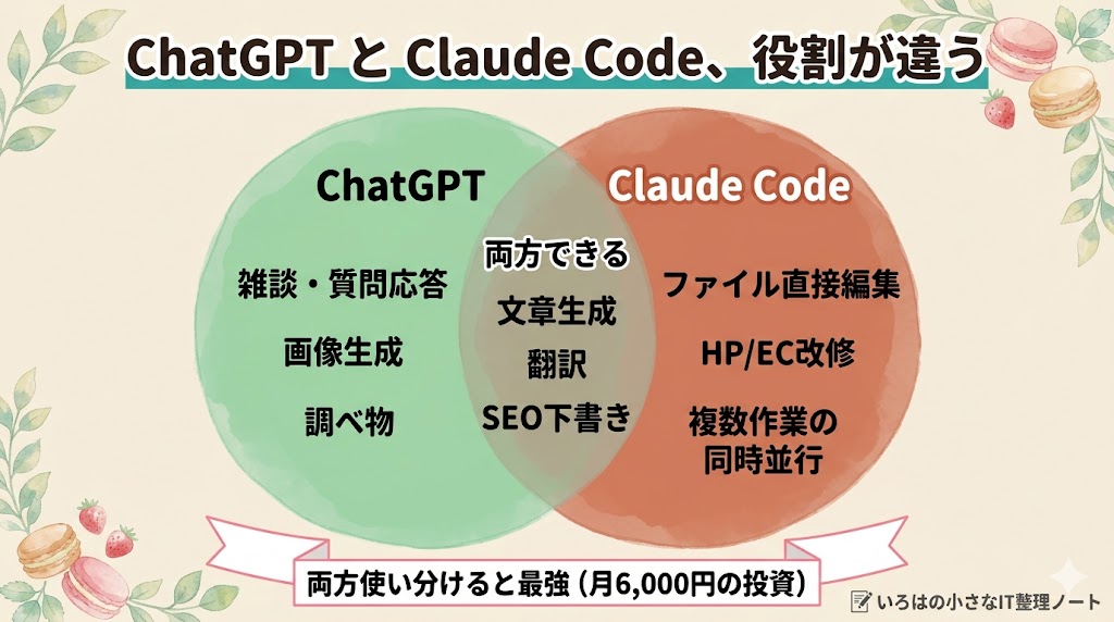 ChatGPTとClaude Codeの得意分野を示すベン図（使い分け図解）