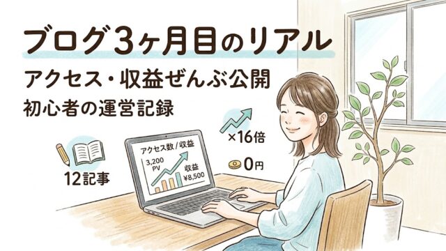 ブログ3ヶ月目の運営報告をまとめたアイキャッチ画像。アクセス数や収益などリアルなデータと成長の様子を表現したイラスト