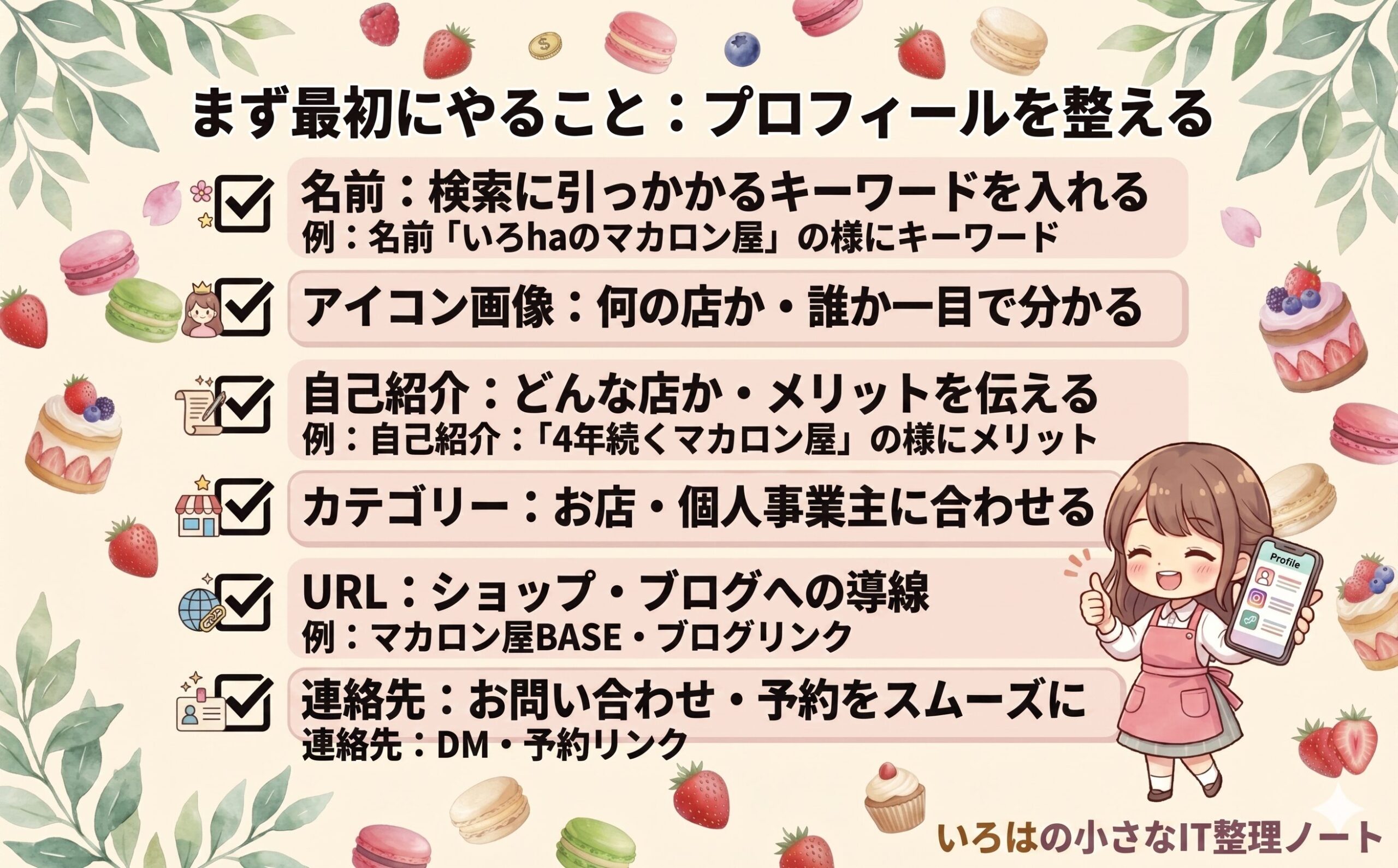 Instagramプロフィール設定3ステップの図解。ユーザー名・自己紹介文・ハイライトを整える手順をイラストで表示