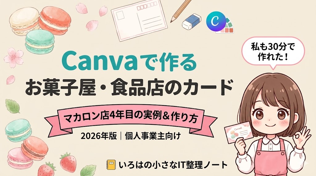 マカロン店4年目の実例で解説するCanva活用記事のアイキャッチ。お菓子屋・食品店のサンキューカード・商品紹介カードを30分で作る方法を解説。2026年版・個人事業主向け。