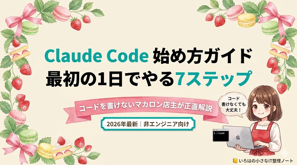 Claude Code 始め方ガイドのアイキャッチ画像。クリームベージュ背景に水彩タッチの苺・マカロン・葉っぱのリース装飾。「Claude Code 始め方ガイド｜最初の1日でやる7ステップ」というターコイズと黒のタイトル、ピンクリボンに「コードを書けないマカロン店主が正直解説」、右下にMacBookを持ったいろはちゃんが「コード書けなくても大丈夫！」と吹き出しで話している
