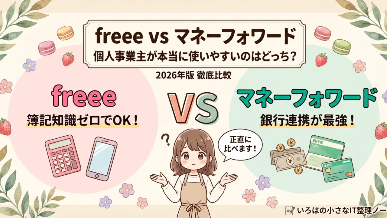 ``` freeeとマネーフォワードを徹底比較する記事のアイキャッチ画像。左ピンクエリアにfreee・右グリーンエリアにマネーフォワードを配置し、中央に「VS」を大きく表示。個人事業主向け会計ソフト選びの2026年版比較記事を示すデザイン ```