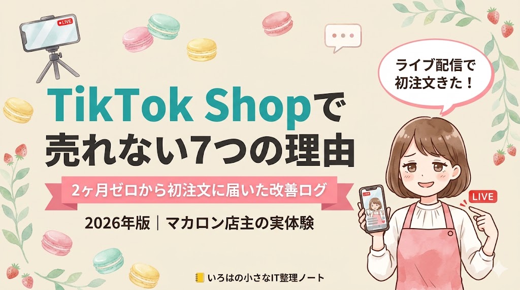 TikTok Shopで売れない7つの理由を解説する記事のアイキャッチ。マカロン店主のいろはちゃんがスマートフォンでライブ配信する様子と、ピンクリボンに「2ヶ月ゼロから初注文に届いた改善ログ」のテキスト。2026年版・マカロン店主の実体験。