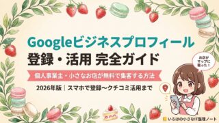 Googleビジネスプロフィールの登録・活用完全ガイド記事のアイキャッチ画像。クリーム色の背景に水彩のリースと苺・マカロンの装飾。ターコイズ色で「Googleビジネスプロフィール」、黒で「登録・活用 完全ガイド」とタイトルが書かれ、ピンクのリボンに「個人事業主・小さなお店が無料で集客する方法」と記載。右下にスマートフォンを持つアニメ調マスコットキャラクターが「お店がマップに載った！」と吹き出しで話している。