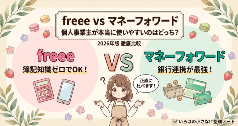 freeeとマネーフォワードを徹底比較する記事のアイキャッチ画像。左ピンクエリアにfreee・右グリーンエリアにマネーフォワードを配置し、中央に「VS」を大きく表示。個人事業主向け会計ソフト選びの2026年版比較記事を示すデザイン 