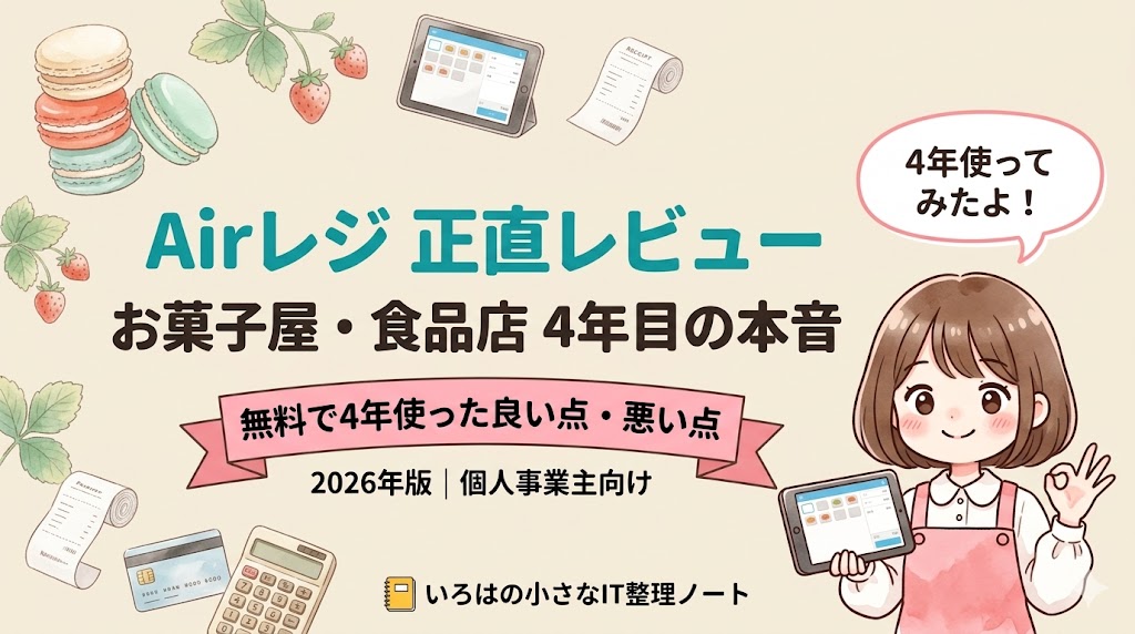 マカロン店4年目の本音｜お菓子屋・食品店オーナーがAirレジを正直レビューする2026年版記事のアイキャッチ。月額無料で4年使った良い点・悪い点をマカロン専門店オーナー目線で解説。