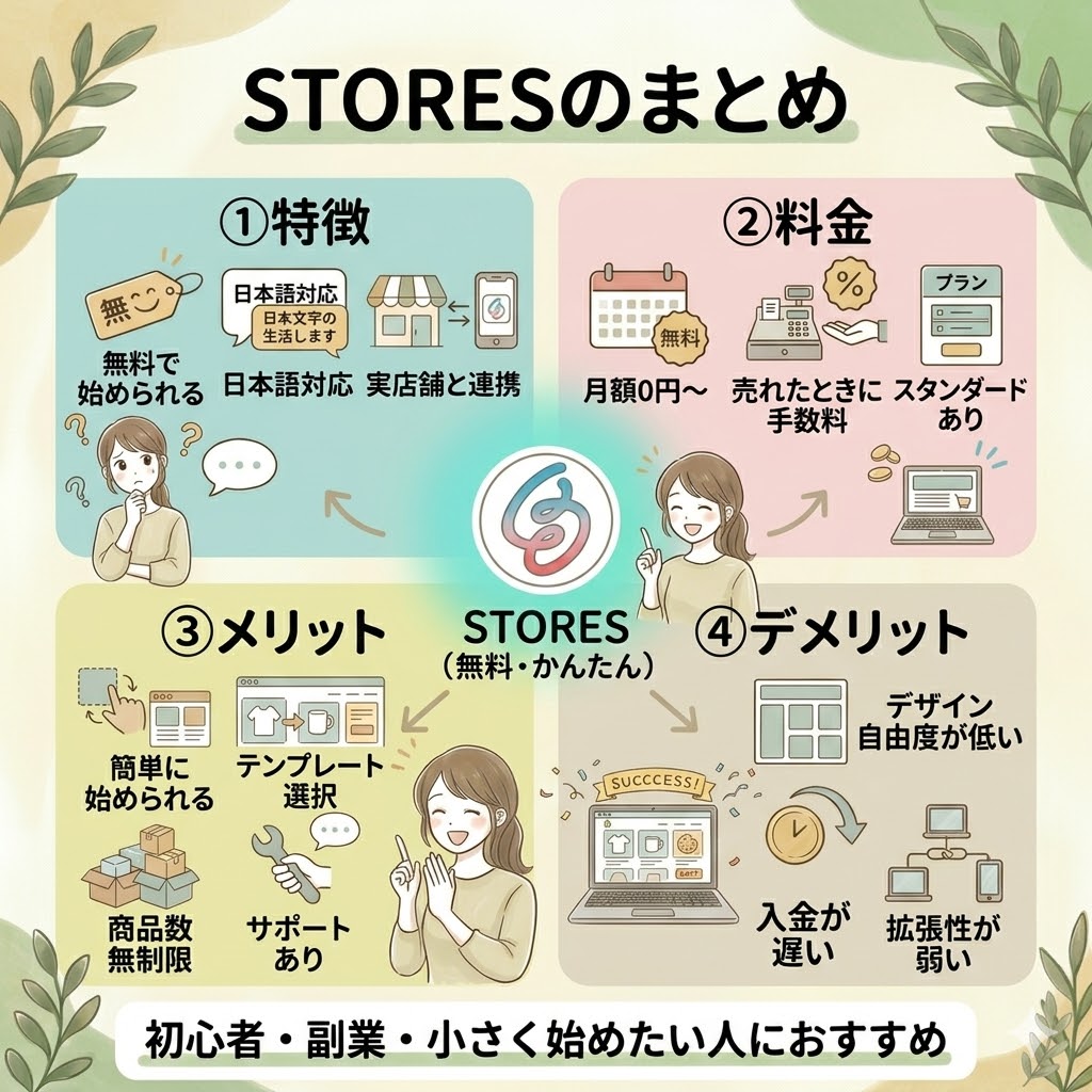STORESの特徴・料金・メリット・デメリットをまとめた図解。初心者でもネットショップの全体像がわかるイメージ図