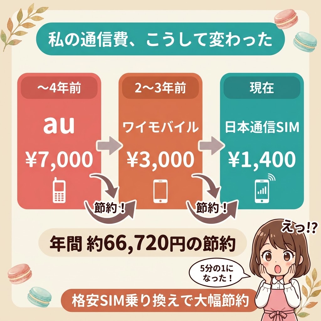 au（月7,000円）→ワイモバイル（月3,000円）→日本通信SIM（月1,400円）と通信費が下がってきた変遷を3枚のカードで示す図解。年間66,720円の節約になることを示している。